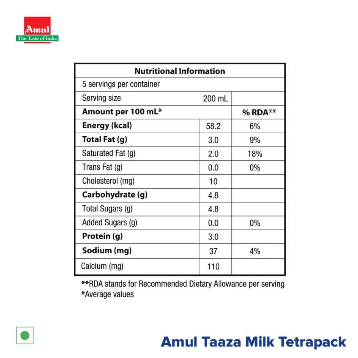 Amul Taaza Homogenised Toned Milk (Tetra Pack) Net Qty: 1 L