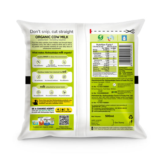 Akshayakalpa Amrutha A2 Pasteurized Fresh Milk (Pouch) Net Qty: 500 ml